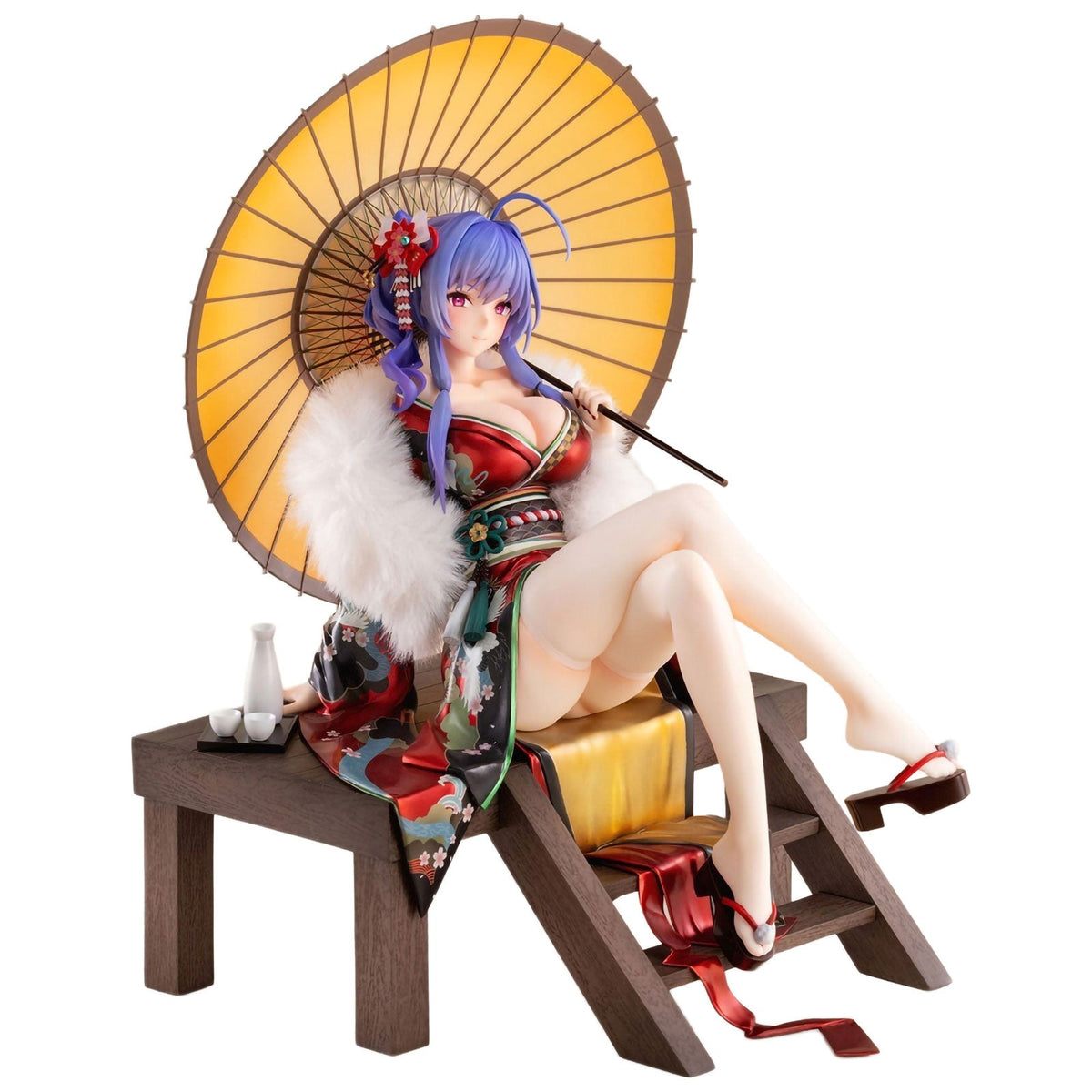 A detailed Azur Lane St. Louis figurine of a woman with blue hair reclining on a wooden bench, holding a large yellow parasol. She is wearing a red and green kimono with white fur trim and red high heels, set against a plain white background.