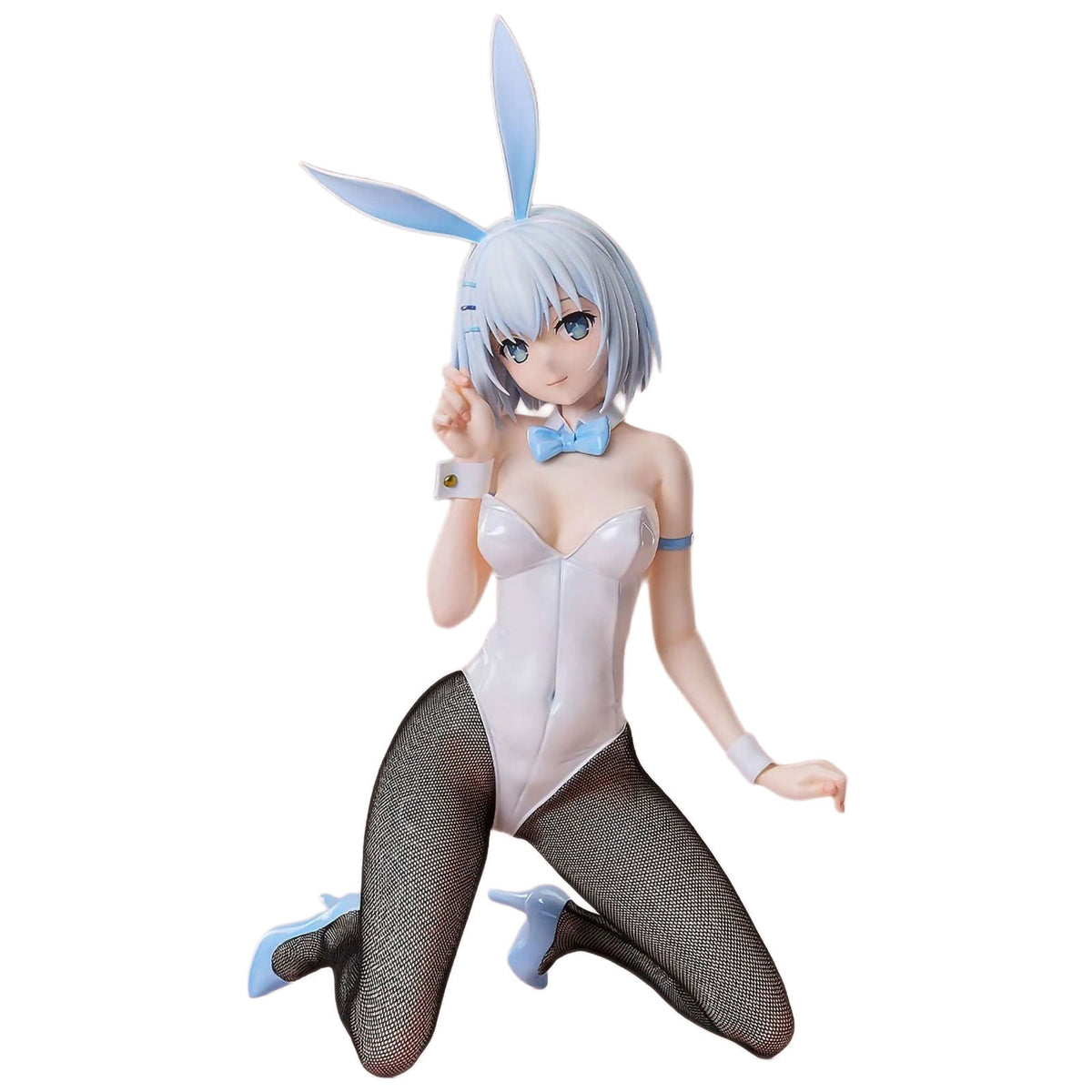 An anime-style figurine of Date A Live Origami Tobiichi kneeling, wearing a white bunny suit with a light blue bow tie, fishnet stockings, and light blue bunny shoes, on a plain white background.