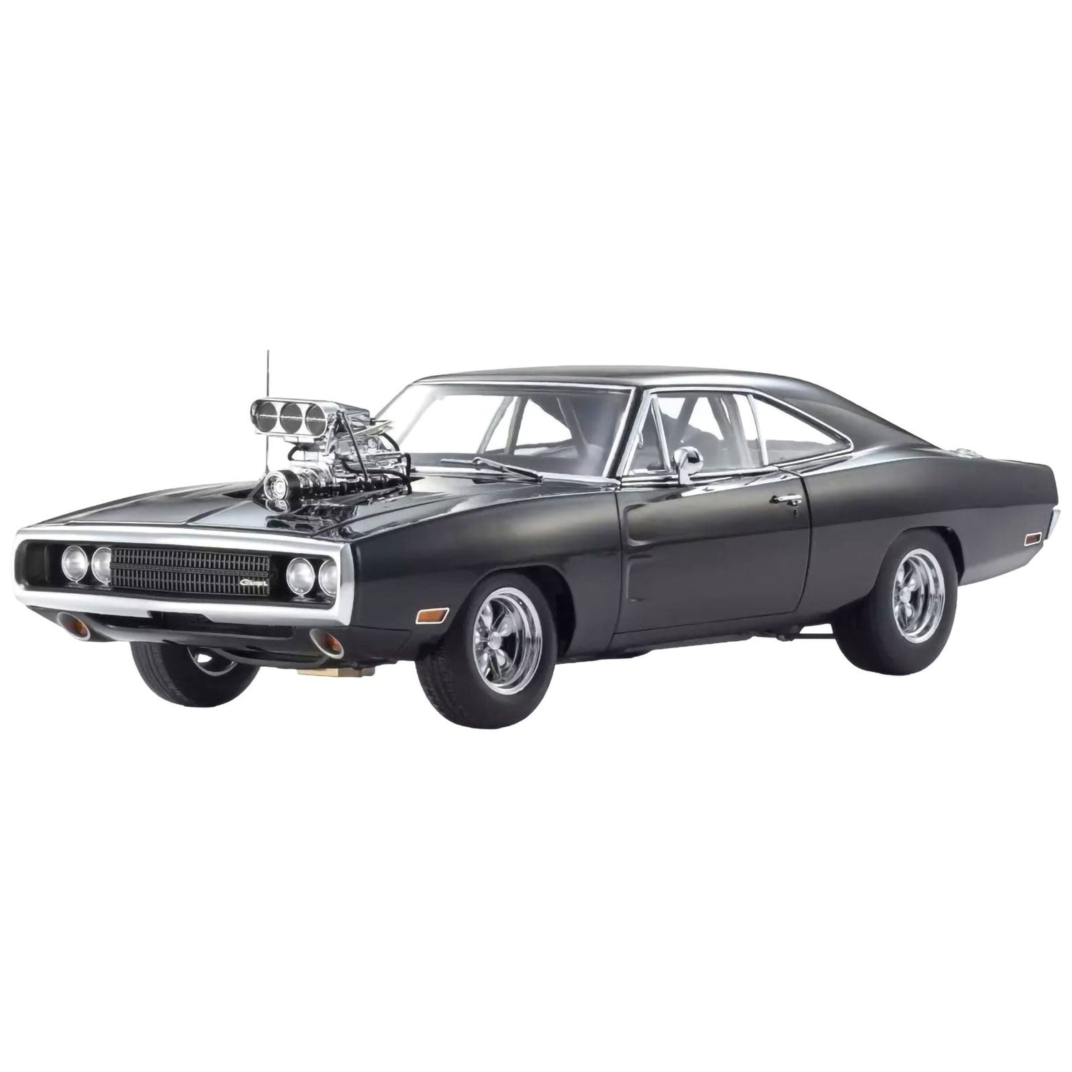 The Fast and the Furious Dodge Charger car model with a prominent chrome supercharger on the hood, shown from a three-quarters front angle against a plain white background.
