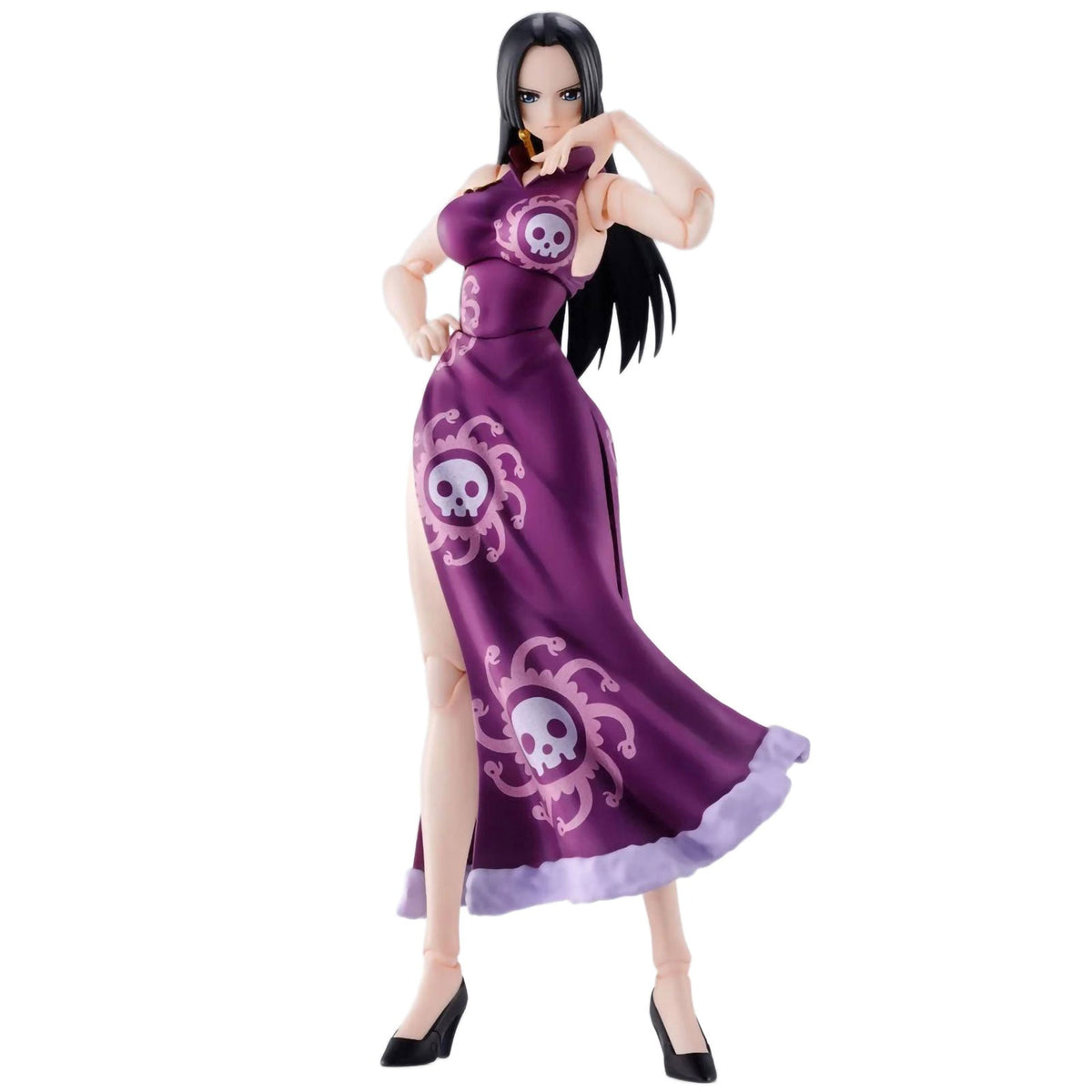 A collectible figure of the anime character Boa Hancock from One Piece, wearing a purple dress with pink skull and wave patterns, posed against a solid white background.