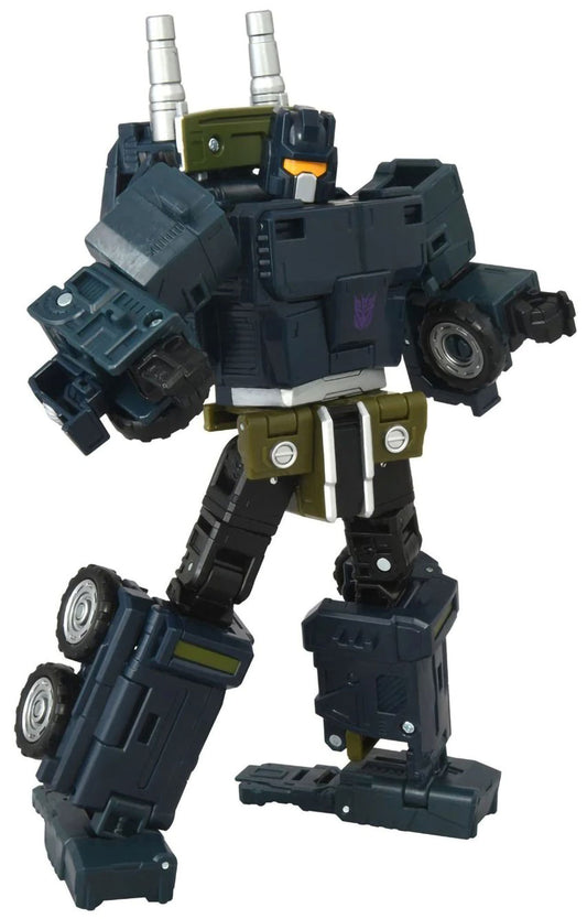 Transformers Onslaught action figure with a dark navy and black body, olive green panels, and car-wheel details on the arms and legs, shown against a plain white background.