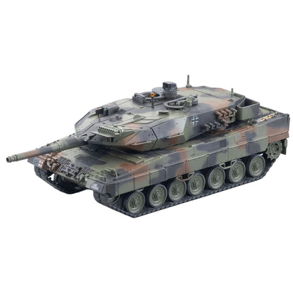 A detailed model of a German military main battle tank Leopard 2A5 in a green, brown, and black camouflage pattern, shown from a three-quarters perspective on a plain white background.