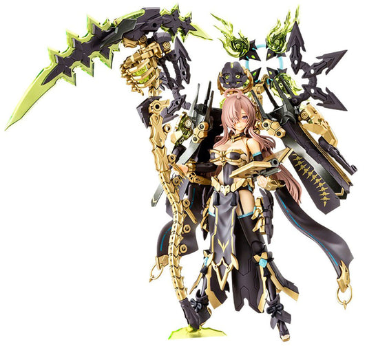 A detailed anime action figure of a female warrior in ornate black and gold armor, holding a large scythe-like weapon, on a plain white background.