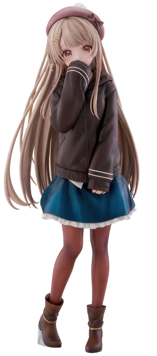 Anime character figurine wearing a brown jacket and blue skirt on a white background