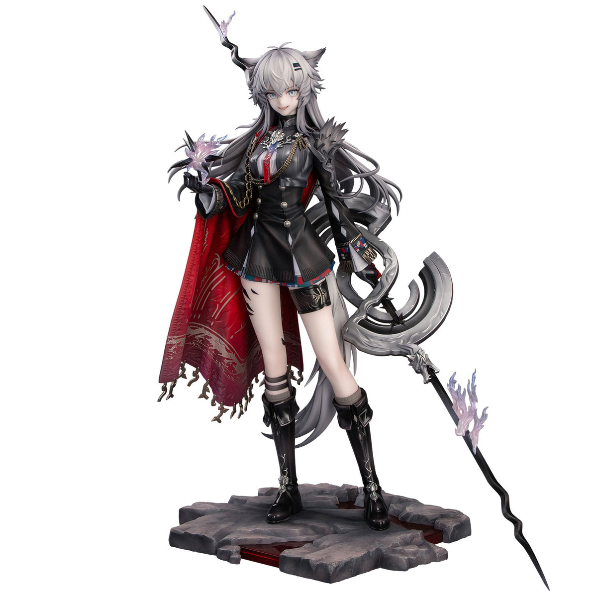 A detailed Lappland from Arknights figurine or collectible statue stands on a rocky base against a plain white background. She has long silver-gray hair, pointed ears, a black and red outfit with a flowing red cape, black boots, and holds a large dark gray weapon.