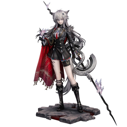 A detailed Lappland from Arknights figurine or collectible statue stands on a rocky base against a plain white background. She has long silver-gray hair, pointed ears, a black and red outfit with a flowing red cape, black boots, and holds a large dark gray weapon.