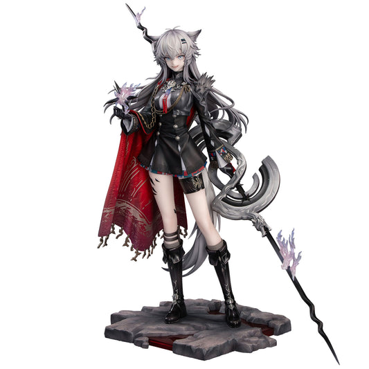 A detailed Lappland from Arknights figurine or collectible statue stands on a rocky base against a plain white background. She has long silver-gray hair, pointed ears, a black and red outfit with a flowing red cape, black boots, and holds a large dark gray weapon.