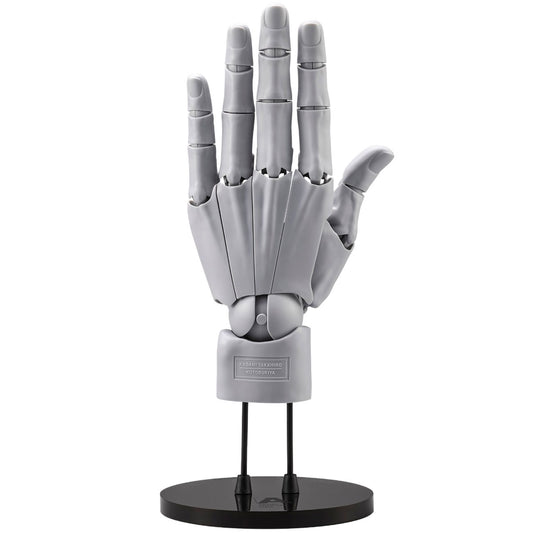 Gray mechanical hand model on a black stand against a white background