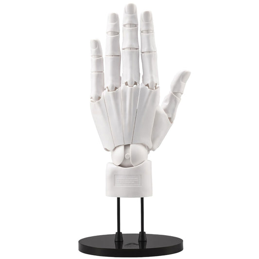 White model of a hand on a black stand against a white background