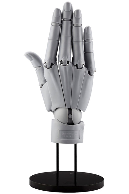 Gray mechanical hand model on a black stand against a white background