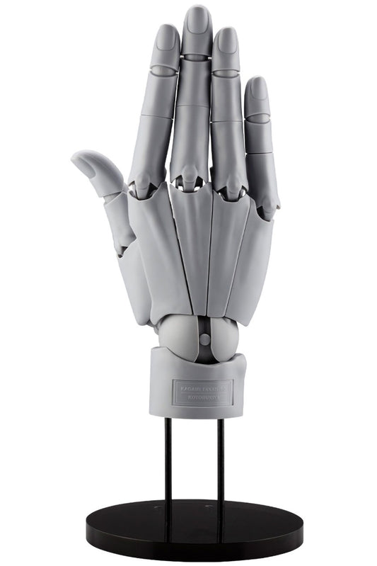 Gray mechanical hand model on a black stand against a white background