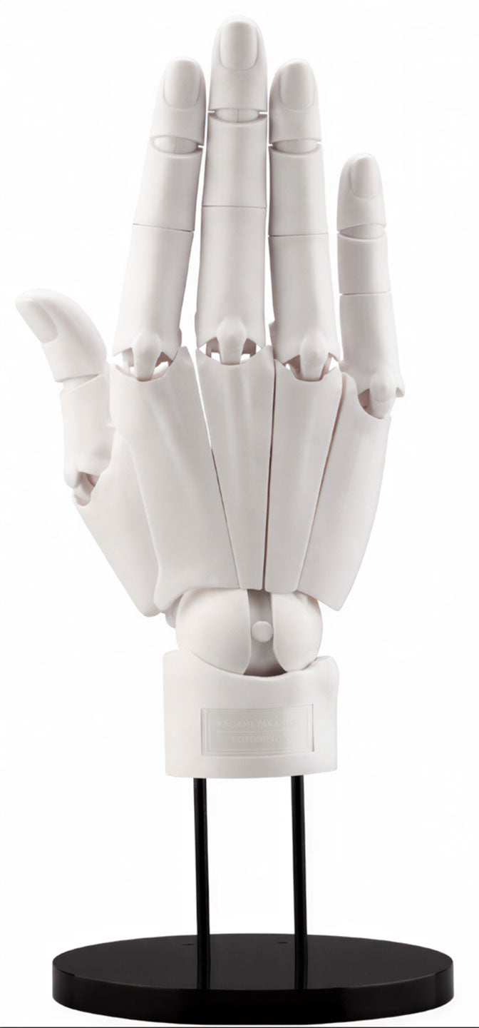 White mannequin hand on a black stand against a white background