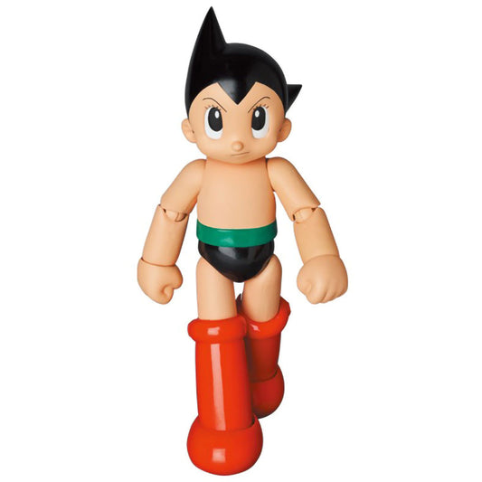 A stylized collectible action figure of Astro Boy with a peach-colored body, black hair, a green waistband, black shorts, and red boots, shown against a plain white background.