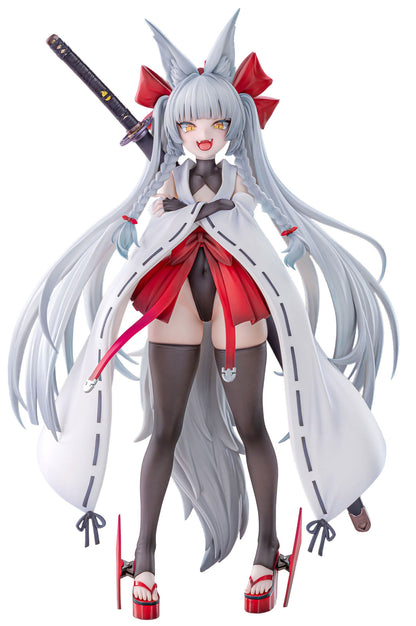 A full-body anime-style figurine of a female character with long silver-gray hair, fox-like ears, red bows, a white coat, red skirt details, thigh-high stockings, and a sword on her back, shown against a plain white background.