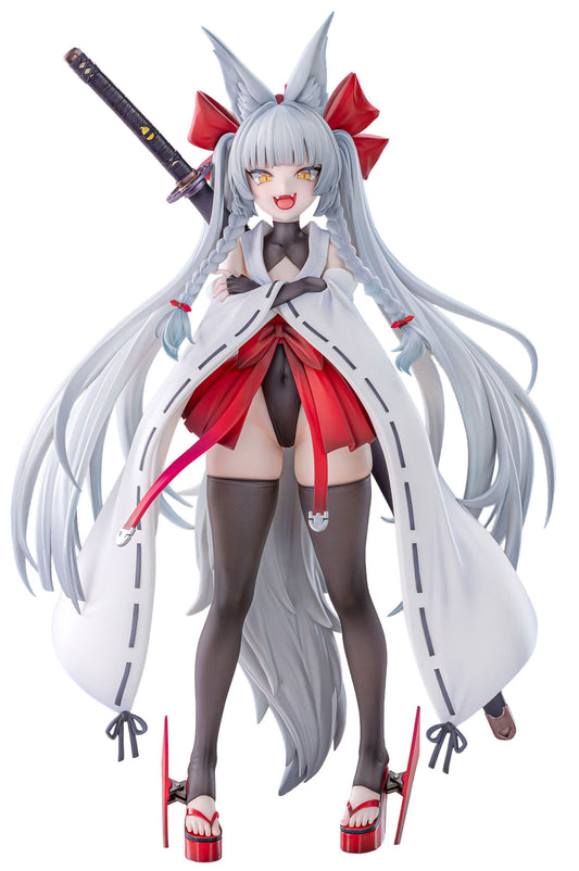A full-body anime-style figurine of a female character with long silver-gray hair, fox-like ears, red bows, a white coat, red skirt details, thigh-high stockings, and a sword on her back, shown against a plain white background.