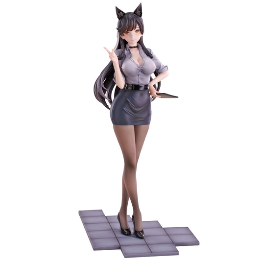An anime-style Atago from Azur Lane figurine with long dark hair and cat ears, wearing a light gray blouse and dark gray mini skirt with a black belt, standing on a gray tiled base against a plain white background.