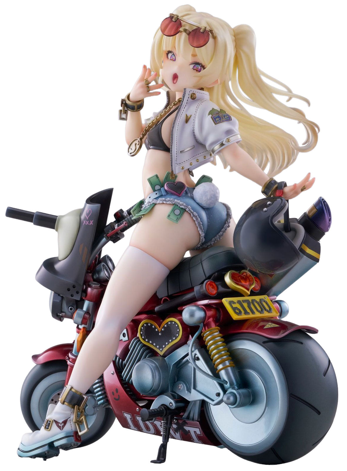 A detailed anime figurine of Azur Lane Bache with red sunglasses, sitting on a red and silver motorcycle, set against a plain white background.