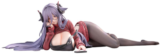 Friedrich Carl from Azur Lane with long lavender hair, glasses, and small horns is shown reclining on a plain white background. She wears a red and black outfit with sheer dark gray tights.