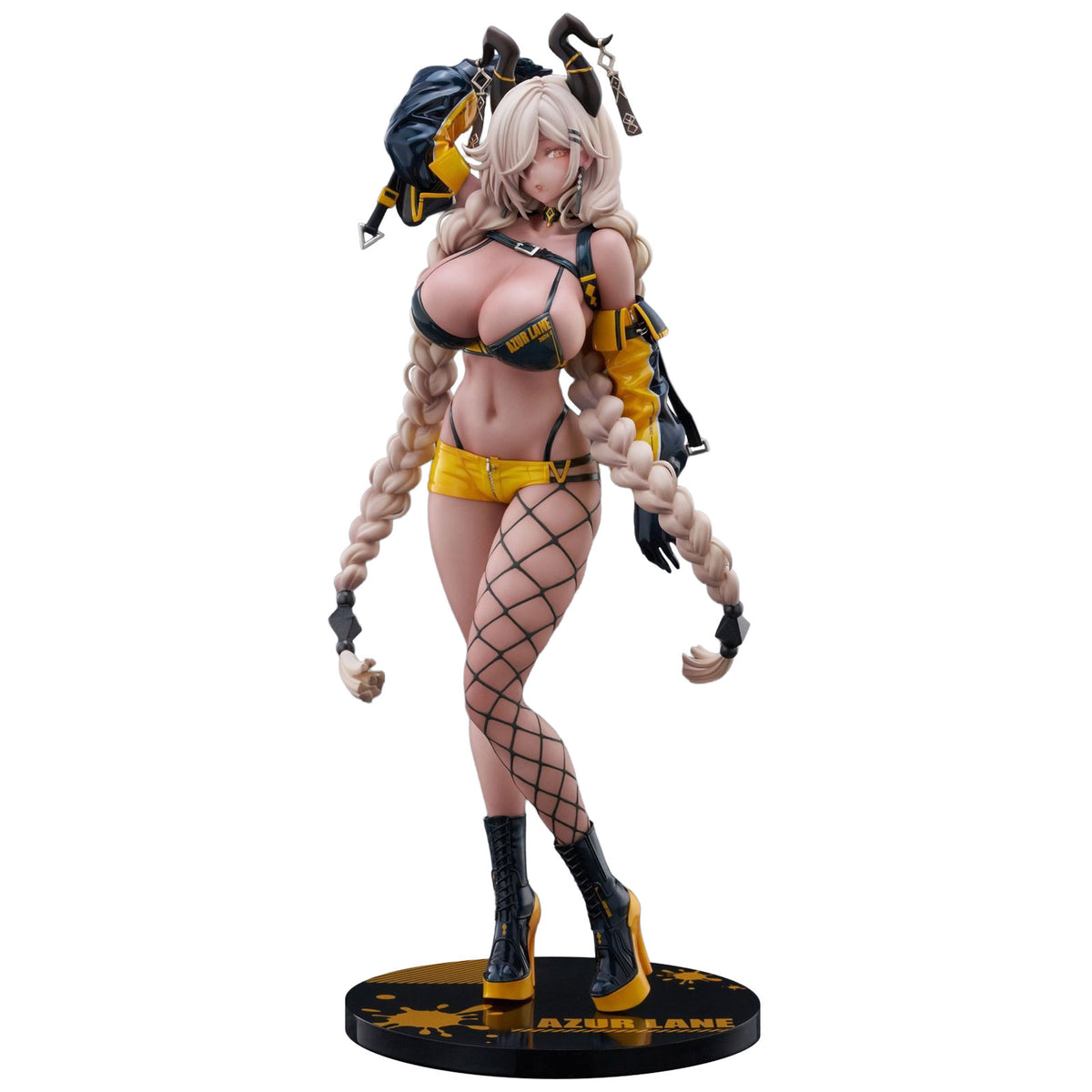 A detailed anime figurine of Owari from Azur Lane, featuring long blonde braids, a black and yellow harness outfit, fishnet stockings, and a black display base.