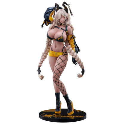 A detailed anime figurine of Owari from Azur Lane, featuring long blonde braids, a black and yellow harness outfit, fishnet stockings, and a black display base.