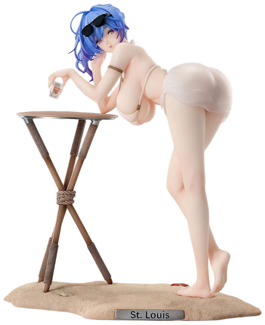 Figurine of a character with blue hair and sunglasses leaning on a small table.