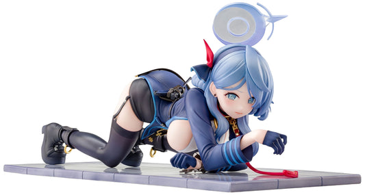An anime figurine of a blue-haired female character in a dynamic crawling pose on a gray platform, set against a plain white background.