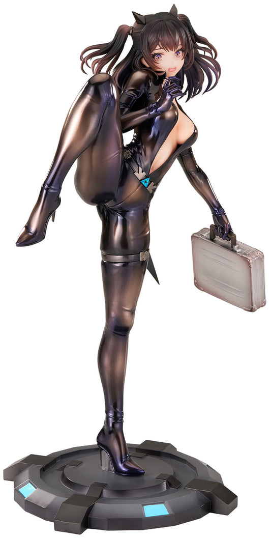 Brown Dust 2 Scheherazade figurine in a glossy dark metallic bodysuit, posed on a circular base while holding a briefcase, isolated on a white background.
