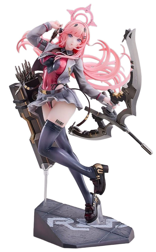 Anime character figurine with pink hair and archery equipment on a white background