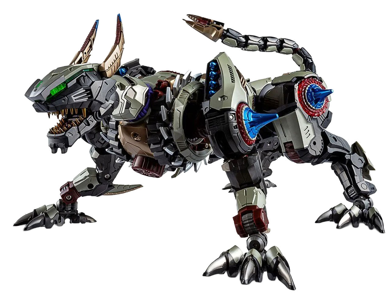A detailed toy robot dog or mechanical beast figure with metallic gray armor, black joints, blue accents, red circular details, and gold horns, shown on a plain white background.