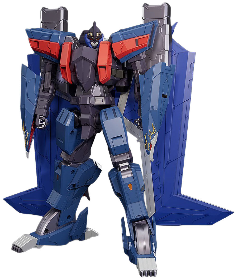 A blue and red mecha robot figure with large shield-like side panels and silver-gray details, shown against a plain white background.