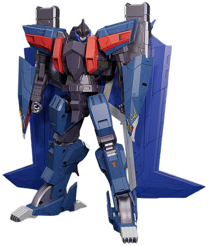 A blue and red mecha robot figure with large shield-like side panels and silver-gray details, shown against a plain white background.