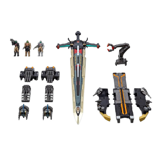 A toy or model sword set displayed on a plain white background, including a large central sword with interchangeable parts, several small character figures, a robotic arm, and multiple weapon or accessory pieces arranged around it.