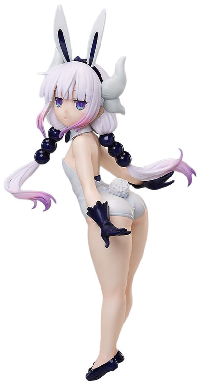 A collectible Miss Kobayashi's Dragon Maid Kanna figurine of a female character with long white hair, purple tips, and white bunny ears, wearing a light gray bodysuit, black gloves, and black shoes, posed dynamically against a plain white background.