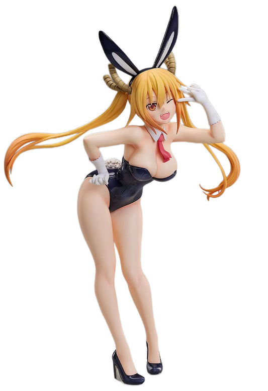 An anime figurine of Miss Kobayashi's Dragon Maid Tohru with long hair, black and white bunny ears, a black bikini, white gloves, and black heels, posed dynamically against a plain white background.