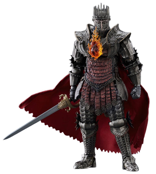 A highly detailed Dragon's Dogma 2 Arisen action figure or collectible statue wearing dark metallic plate armor with a red cape and a flaming emblem on the chest, holding a sword, isolated on a white background.