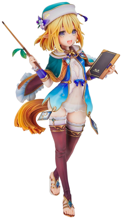 Animated character figurine in colorful outfit with staff and book on white background
