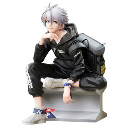 Evangelion Kaworu Nagisa Ver. RADIO EVA Part.3 1/7 scale figure featuring silver-gray hair, a black hoodie and pants, white sneakers, and a backpack, seated casually with his chin resting on one hand.