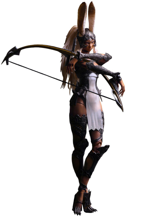 Character in fantasy costume with bow and arrow on a white background