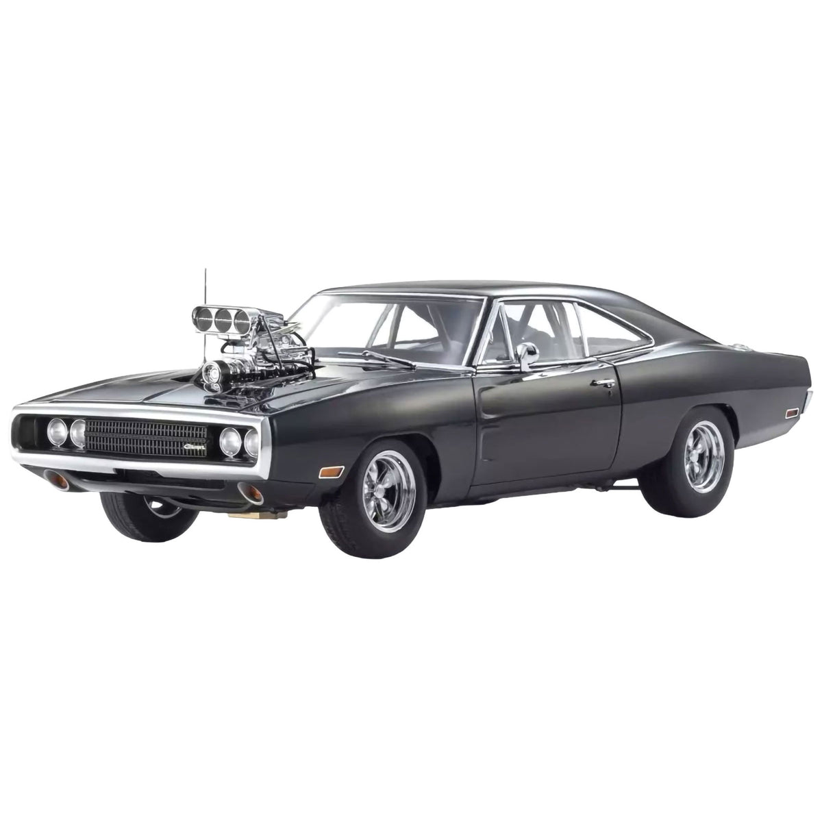 The Fast and the Furious Dodge Charger car model with a prominent chrome supercharger on the hood, shown from a three-quarters front angle against a plain white background.