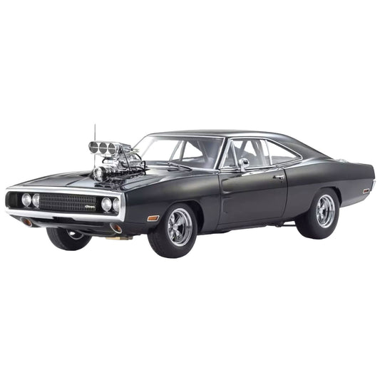 The Fast and the Furious Dodge Charger car model with a prominent chrome supercharger on the hood, shown from a three-quarters front angle against a plain white background.