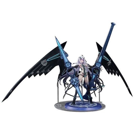 A detailed anime figurine of Melusine from Fate/Grand Order with white hair, standing on a circular base with large black and blue wing-like structures behind her, set against a plain white background.