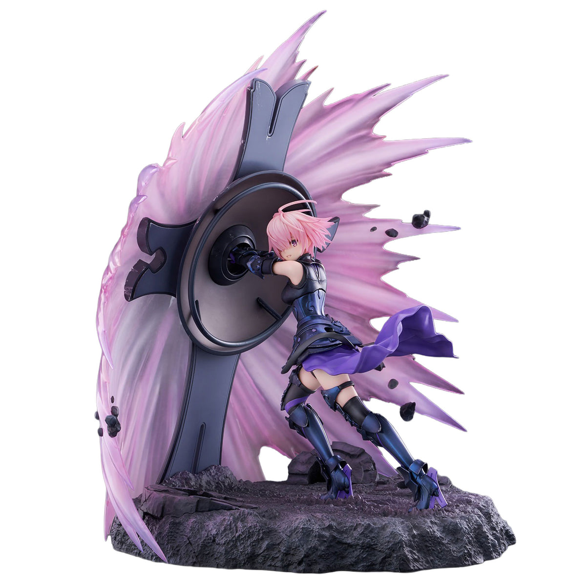 A collectible anime figurine of a pink-haired female warrior Mash Kyrielight from Fate/Grand Order in a dynamic combat pose, wielding a large shield on a dark rocky base against a plain white background.