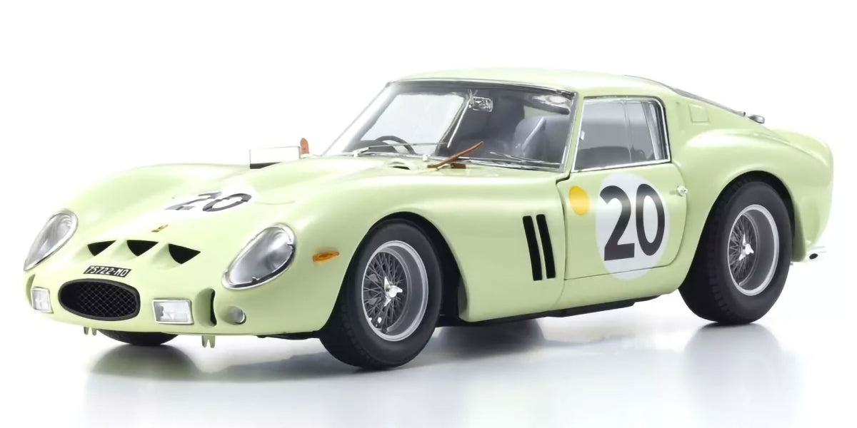 A model car of a classic Ferrari 250 GTO in a pale yellow-green livery with black racing numbers '20' on the front and side, shown on a white reflective studio background.