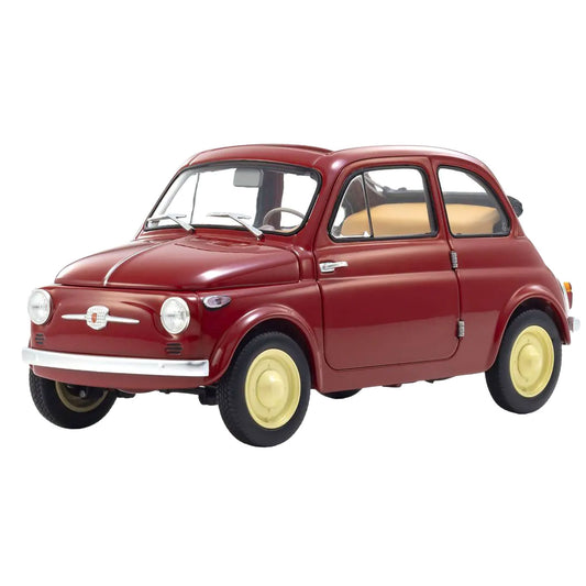 A classic red Fiat 500 compact car with cream-colored interior seats and yellow wheels, shown from a three-quarter front angle on a solid white background.