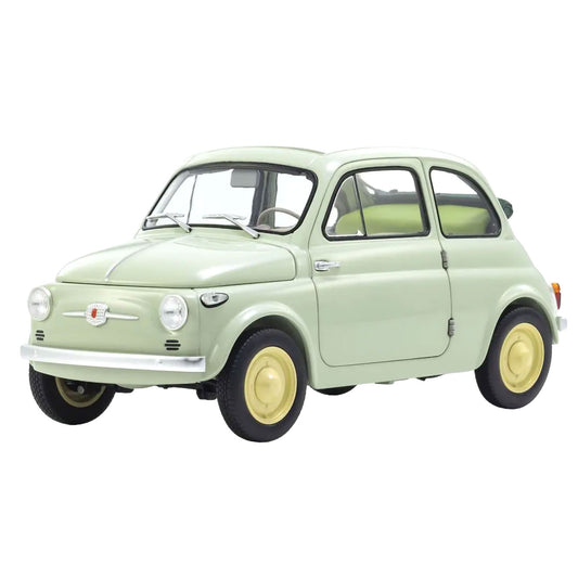 A miniature model of a classic Fiat 500 car in a pale sage green color, featuring yellow wheels and a small Fiat crest on the front grille, set against a plain white background.