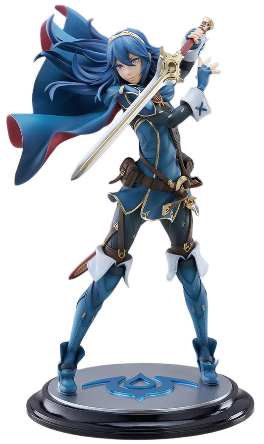 Blue-themed figurine with a sword on a white background