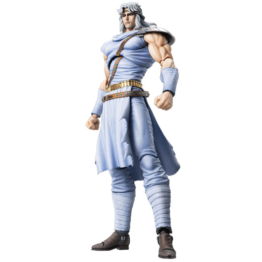 A collectible action figure of Toki from Fist of the North Star with long gray hair, wearing a light gray tunic, brown sash, and gold belt, posed against a solid white background.
