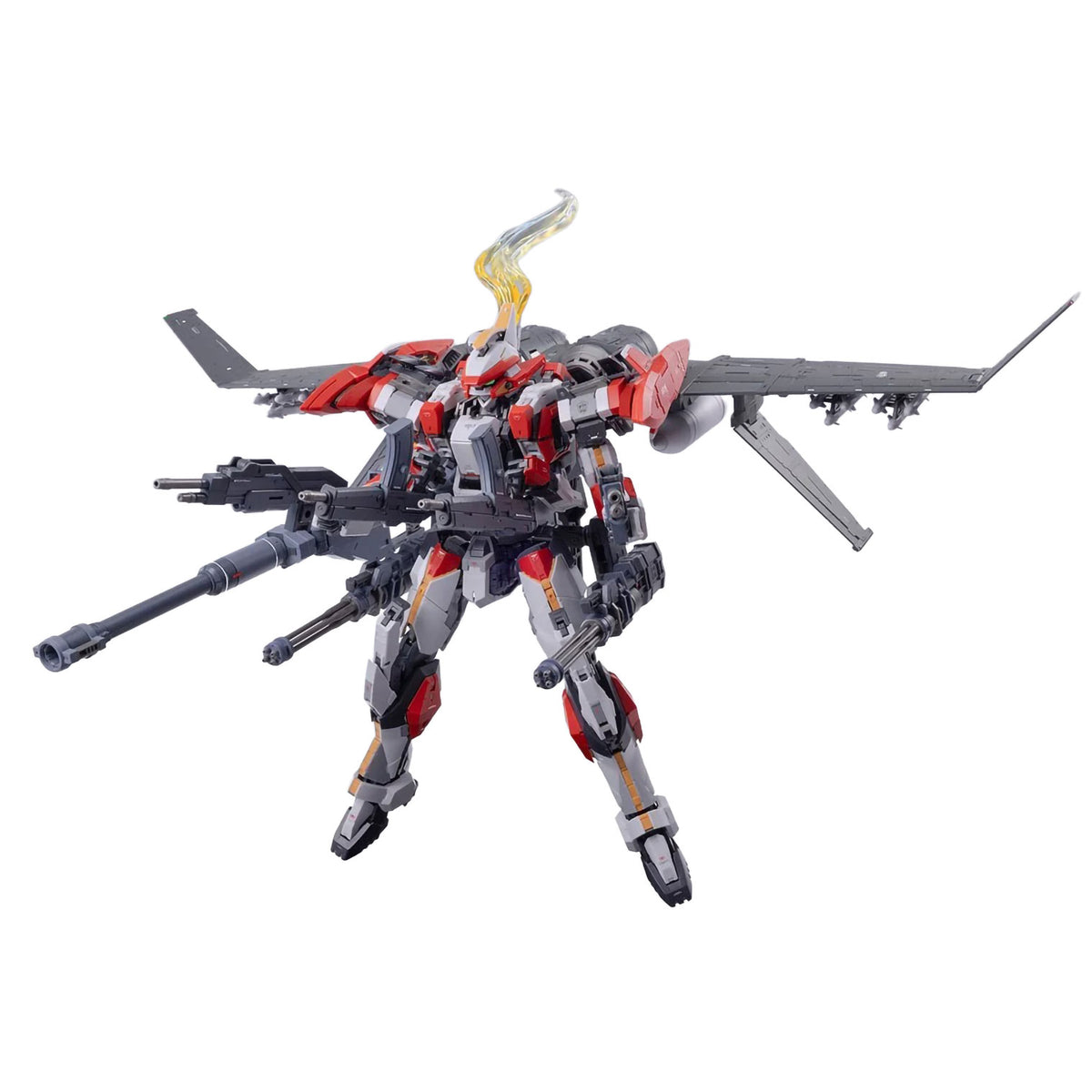 A detailed plastic model of a mecha robot with a gray jet fighter attached to its back ARX-8 Laevatein from Full Metal Panic!, featuring red and gray armor plating, mounted cannons, and a translucent yellow light effect at the head, shown against a plain white background.