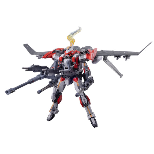 A detailed plastic model of a mecha robot with a gray jet fighter attached to its back ARX-8 Laevatein from Full Metal Panic!, featuring red and gray armor plating, mounted cannons, and a translucent yellow light effect at the head, shown against a plain white background.