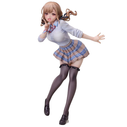 Naori Jinguji from Love Is Indivisible by Twins figurine in a schoolgirl outfit, posed mid-step against a plain white background. The figure has light brown hair, a white long-sleeve top, a blue-and-tan plaid skirt and bow tie, dark brown thigh-high stockings, and black shoes.